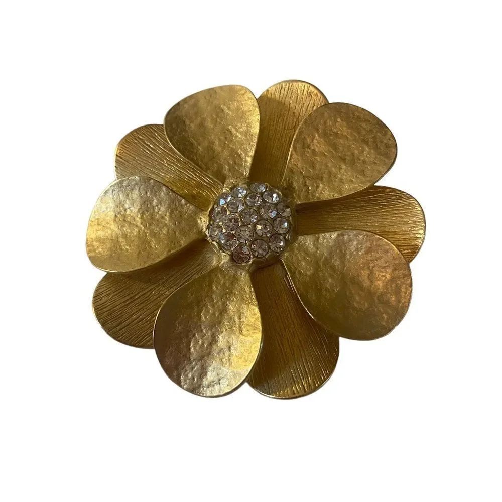 Beautiful Substantial Gold Tone & Pave Crystals Flower Pendant.